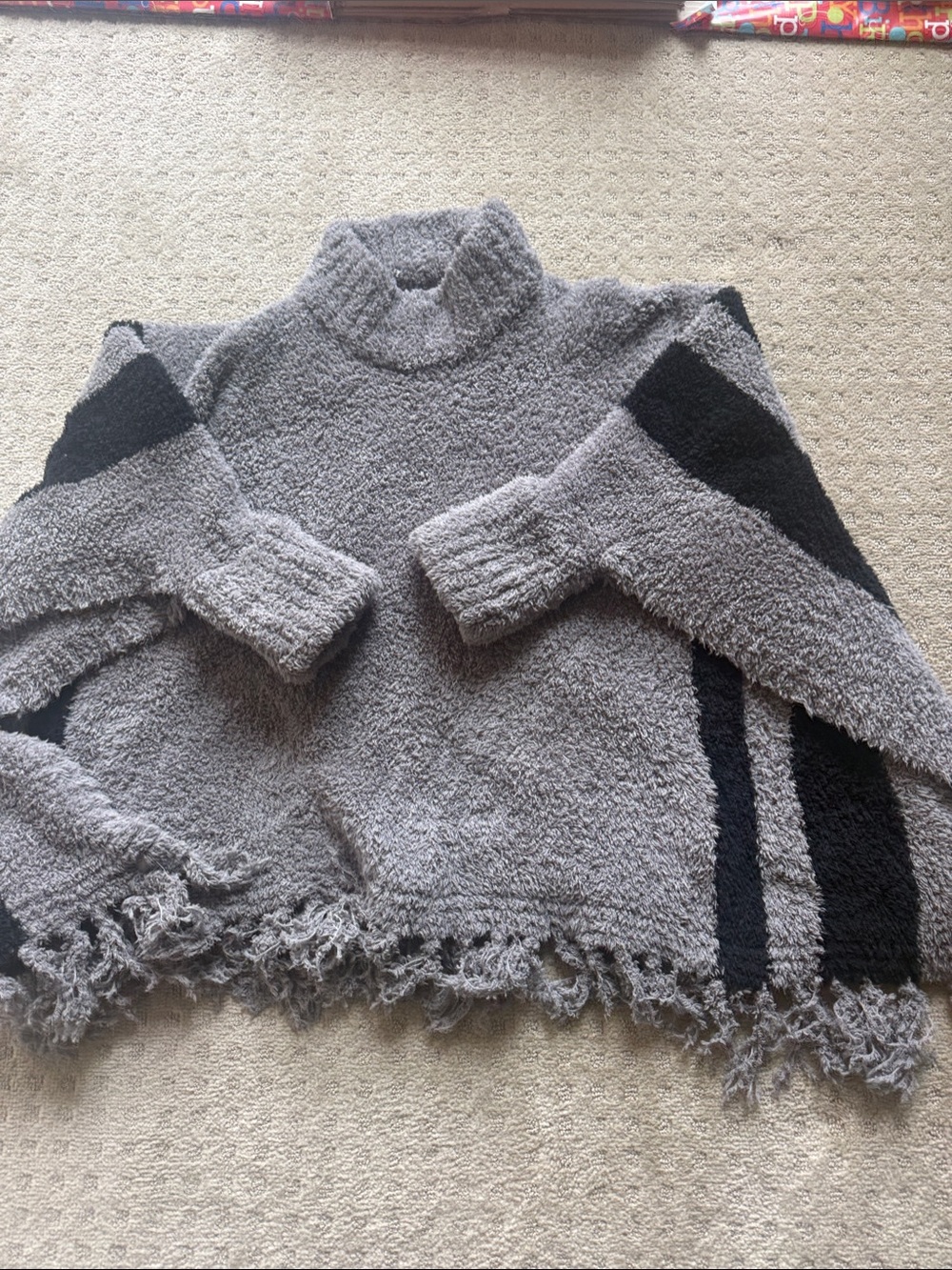 Barefoot Dreams Gray Turtleneck Cape  Sweater with Black Stripe Accents